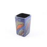 Anita Harris studio art pottery fish vase. Of square form, decorated with fish on a blue ground.