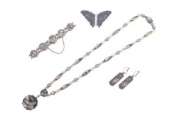 A group of Japanese mixed metal inlaid komai technique damascene jewellery.