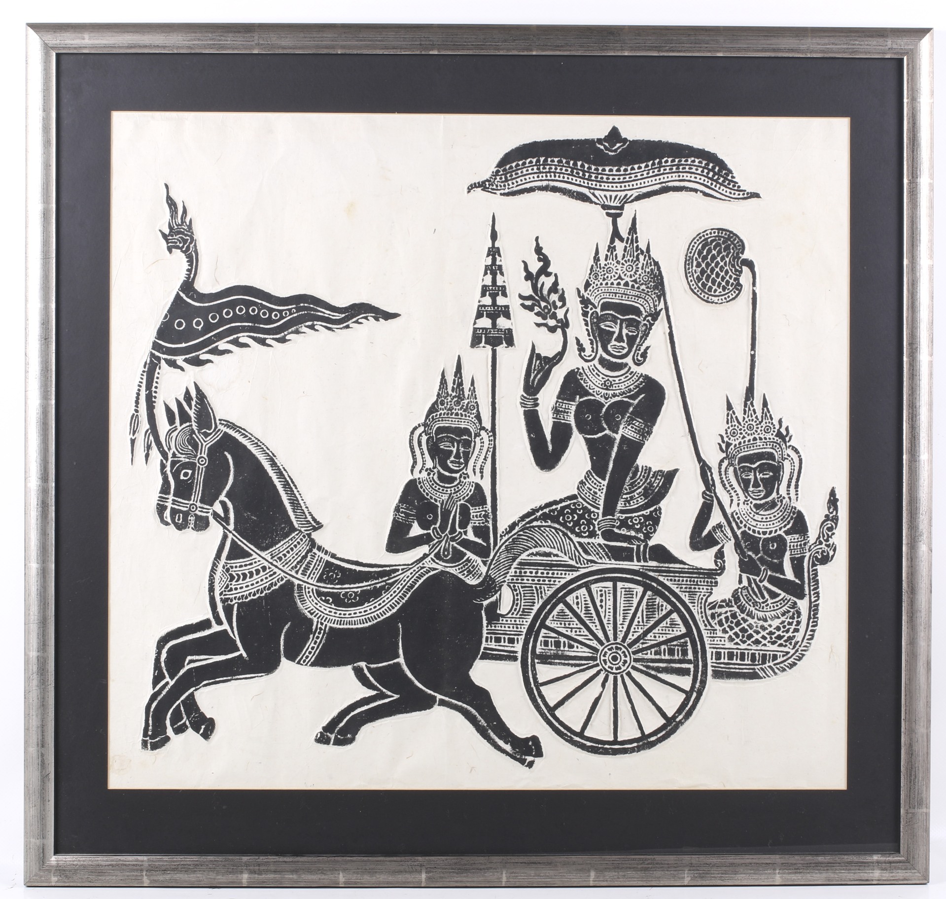 A Cambodian stone rubbing of figures in a horse drawn carriage. Framed and glazed size 71. - Image 2 of 2