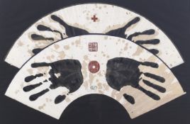 A Taiwanese double fan painting of handprints. Dated Taipei, 20.
