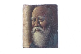 A small oil painting on leaf on board of an elderly Asian gentleman, possibly Confucius.