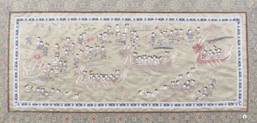 A 20th century Chinese embroidery of the One Hundred Children in dragon boats.