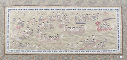 A 20th century Chinese embroidery of the One Hundred Children in dragon boats.