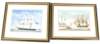 Two naive nautical square rig sailing ship prints. Including 'Otto Venius'. Framed and glazed.