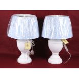 A pair of Ralph Lauren Home contemporary table lamps with blue pattern shades.