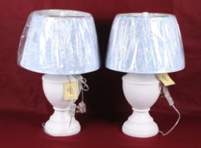 A pair of Ralph Lauren Home contemporary table lamps with blue pattern shades.