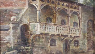 M Lywood?, 1930, oil on board, 'A Tudor Balistrade Balcony'. Named verso, 12cm x 20.