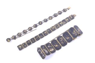 Three Japanese mixed metal inlaid komai technique damascene panel bracelets.