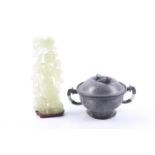 A Chinese pewter and hardstone food warmer and a green hardstone carving of a lady.