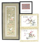 Three contemporary Chinese embroideries of flowers and birds and a further picture.