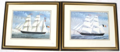Two nautical square rig sailing ship prints.