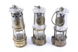 Three vintage miners lamps. Two marked GR6S, Eccles. Circa H26cm.