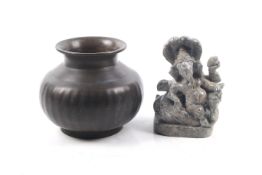 A possibly Tibetan bronze bowl and a carved stone Hindu god deity Ganesha figure.