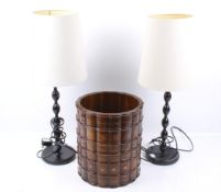 A Theodore Alexander hardwood wastepaper bin and a pair table lamps with shades.