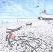 Elizabeth Morris (British), 'Breezy Beach' signed coloured etching. Artist Proof. Framed and glazed.