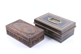 Two vintage boxes. Including a metal Worcester Ware documents box and a carved wood example.