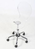 A contemporary clear perspex 'egg' style typist chair. On a chrome base with casters.