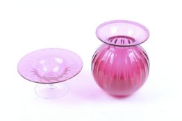 Two pieces of Bristol cranberry glassware. Comprising a sweet dish on a circular stand, H6.