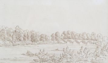 17th century, English School, brown pen ink drawing of a five arch bridge over a river.