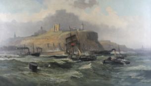 Robert Ernest Roe (1852-1921), oil on canvas, ships entering and leaving the harbour at Scarborough.