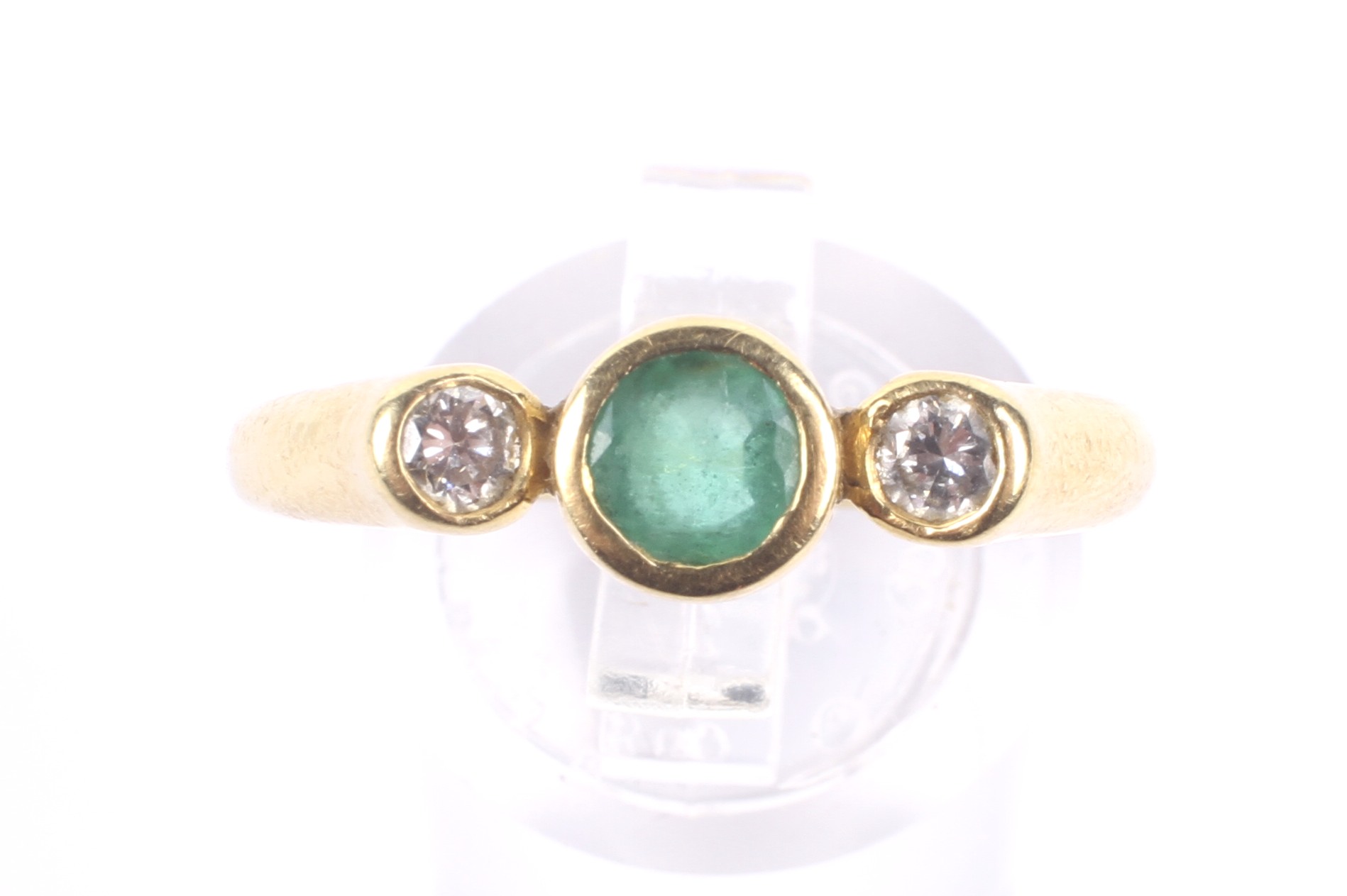 A vintage 18ct gold, emerald and diamond three stone ring, - Image 2 of 4