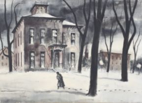 Donald Burns (American, 1919-1989), West New York School, watercolour, a snow covered house.