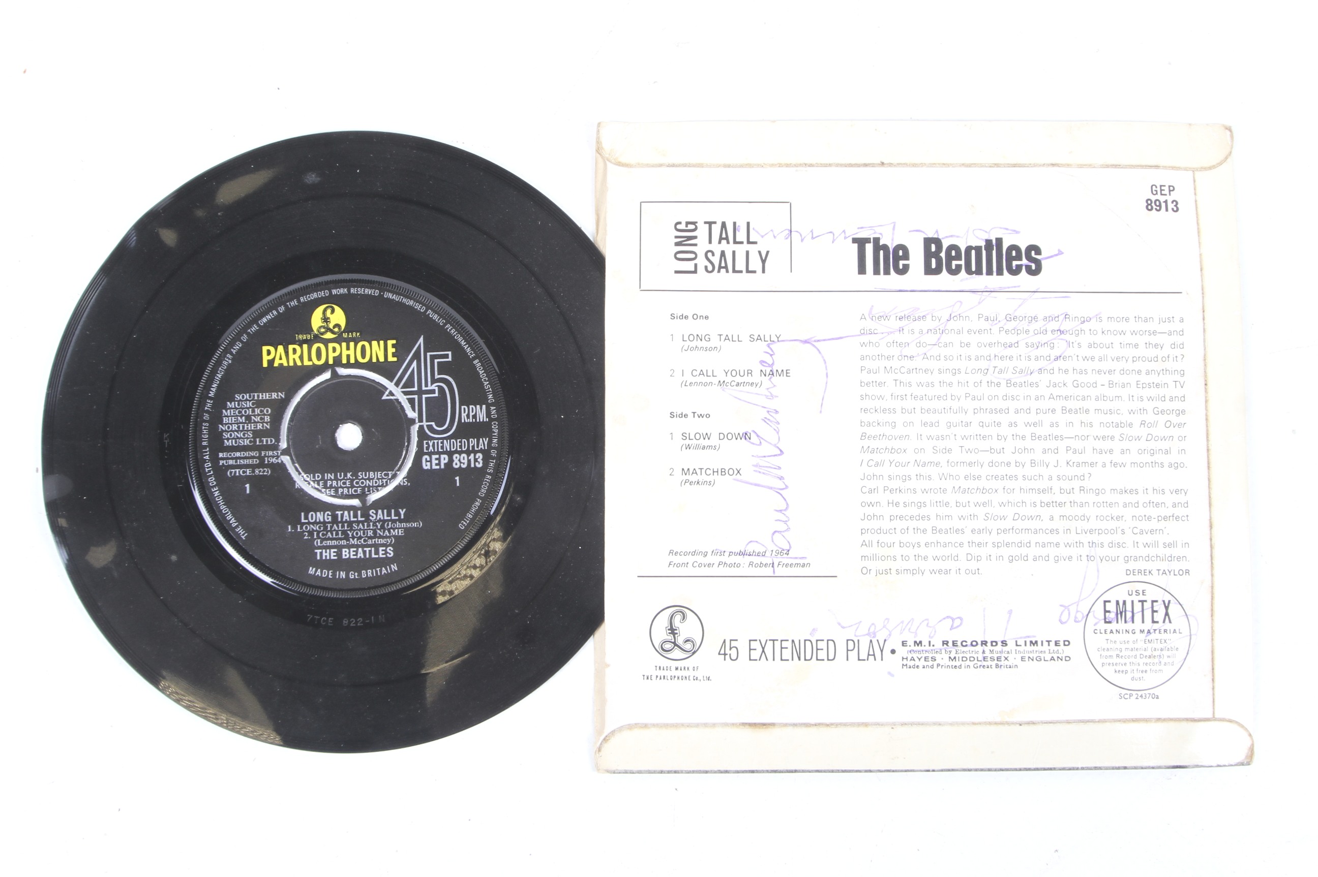 A Beatles 'Long Tall Sally' vinyl single record with the signatures of all four band members. - Image 2 of 5