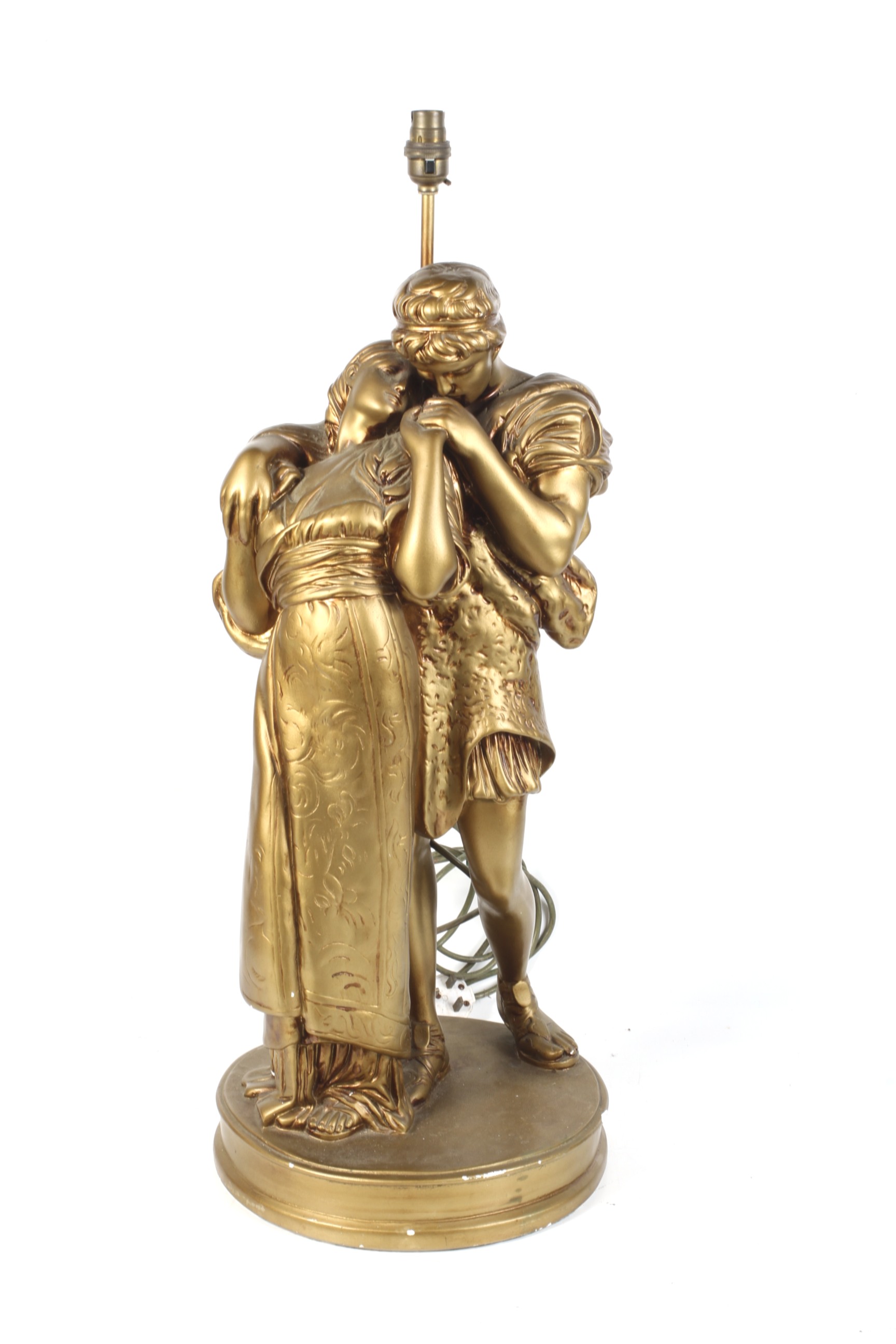 A mid-late 20th century gilt painted plaster electric lamp in the classical manner of figures.