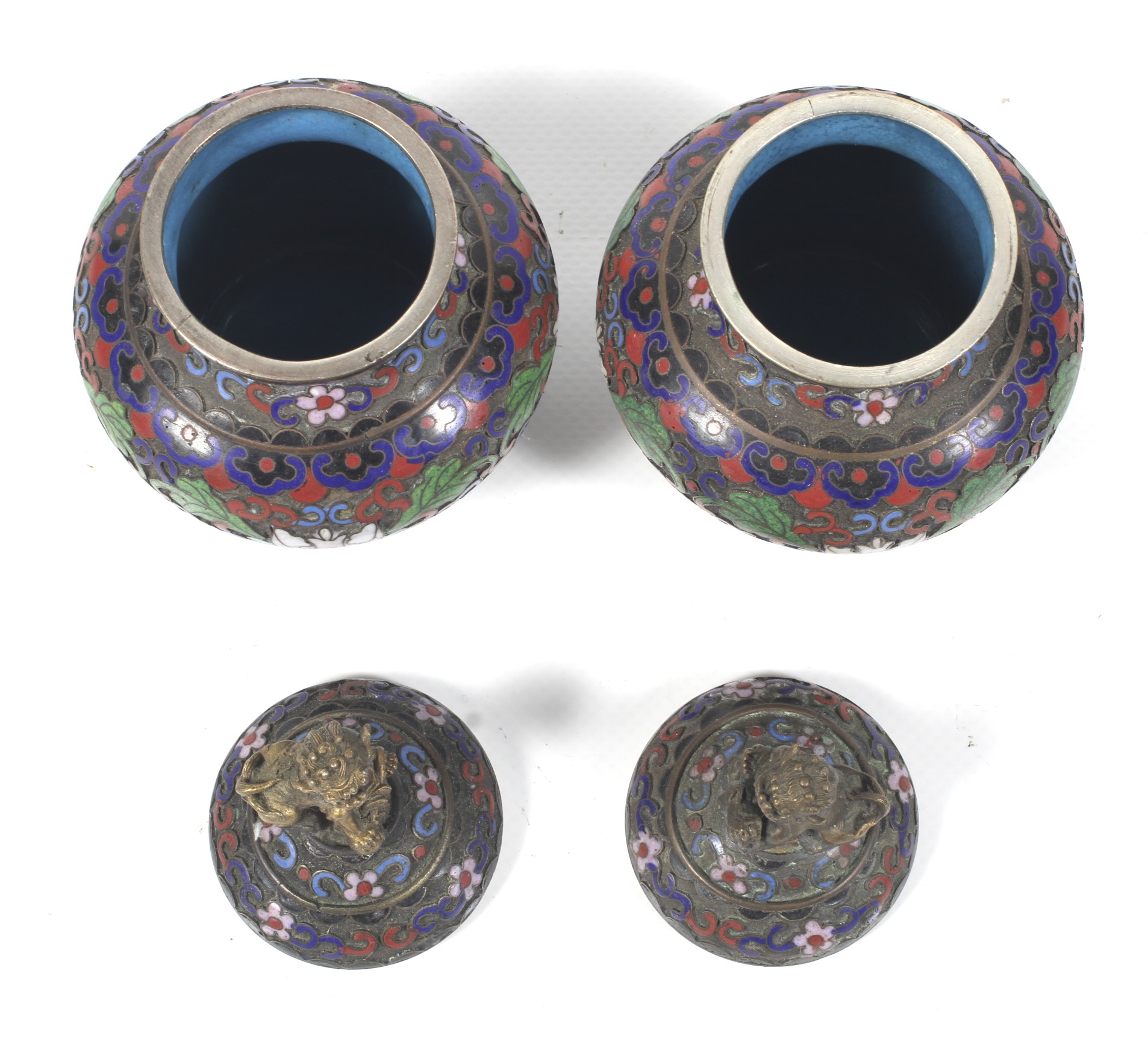 A pair of Chinese champleve and cloisonne enamel lidded vessels. - Image 2 of 2