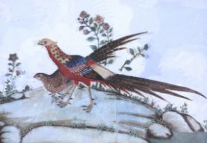 A 19th century layered watercolour of a pair of pheasants. 9.2cm x 13.2cm, framed and glazed.