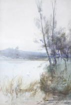 Thomas Majoribanks Hay (1862-1921), watercolour, 'Swans on a Loch'.