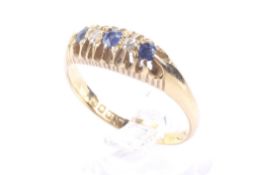 A Victorian 18ct gold, sapphire and diamond five stone ring.