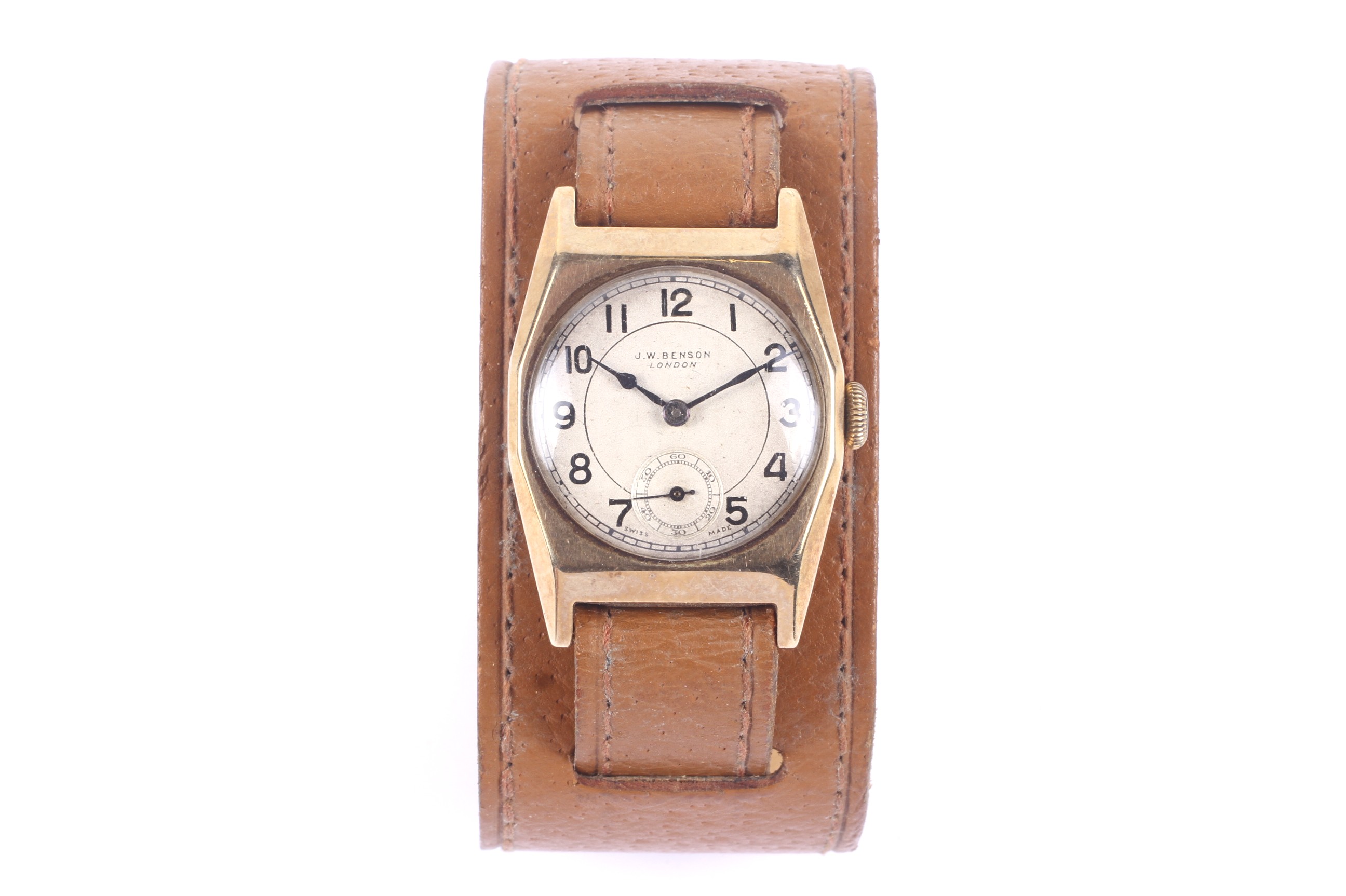 J W Benson, London, a Swiss mid-size 9ct gold tonneau shaped wrist watch, circa 1936. - Image 2 of 4