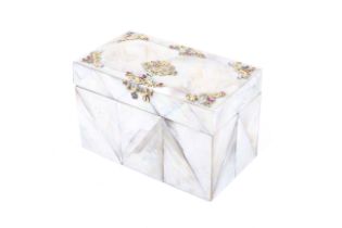 An early 19th century gold-mounted mother of pearl and enamel stationary or letters box.