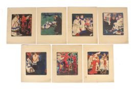 A set of seven Arts and Crafts polychrome studio prints.