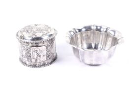 An early 20th century Dutch dressing table box and an Edwardian silver sugar bowl.