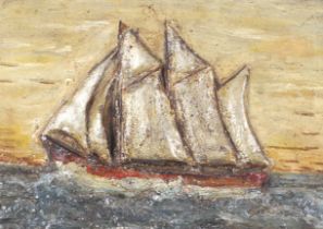 Folkart naive painted relief of a sailing ship. 15cm x 21.3cm, framed.