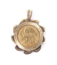 A sovereign, 1898, later mounted in a 9ct gold pendant.