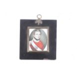 An ivory miniature portrait in an ebonized wooden frame, with bras sborder and acorn hanging ring.