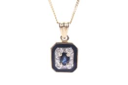 A vintage 14ct gold, sapphire, diamond and blue enamel oblong pendant.