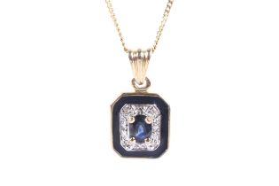 A vintage 14ct gold, sapphire, diamond and blue enamel oblong pendant.