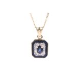 A vintage 14ct gold, sapphire, diamond and blue enamel oblong pendant.