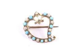 A late Victorian gold, turquoise and half-pearl Witch's heart brooch.
