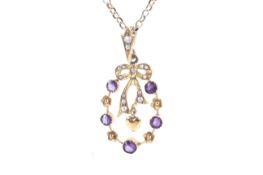 An Edwardian gold, amethyst and half-pearl open floret and ribbon-tied bow open pendant.