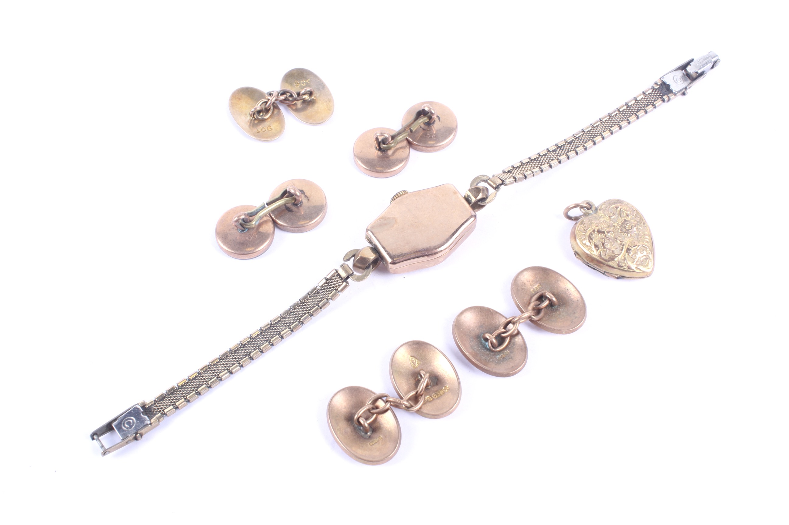 A small collection of jewellery including a pair of 9ct gold domed-oval twin-panel cufflinks. - Image 2 of 2