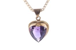 A vintage 9ct gold and heart-shaped amethyst single stone pendant and chain.