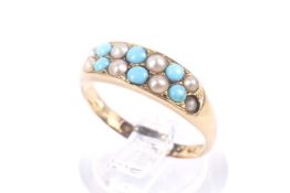 A late Victorian gold, half-pearl and turquoise two-row ring.