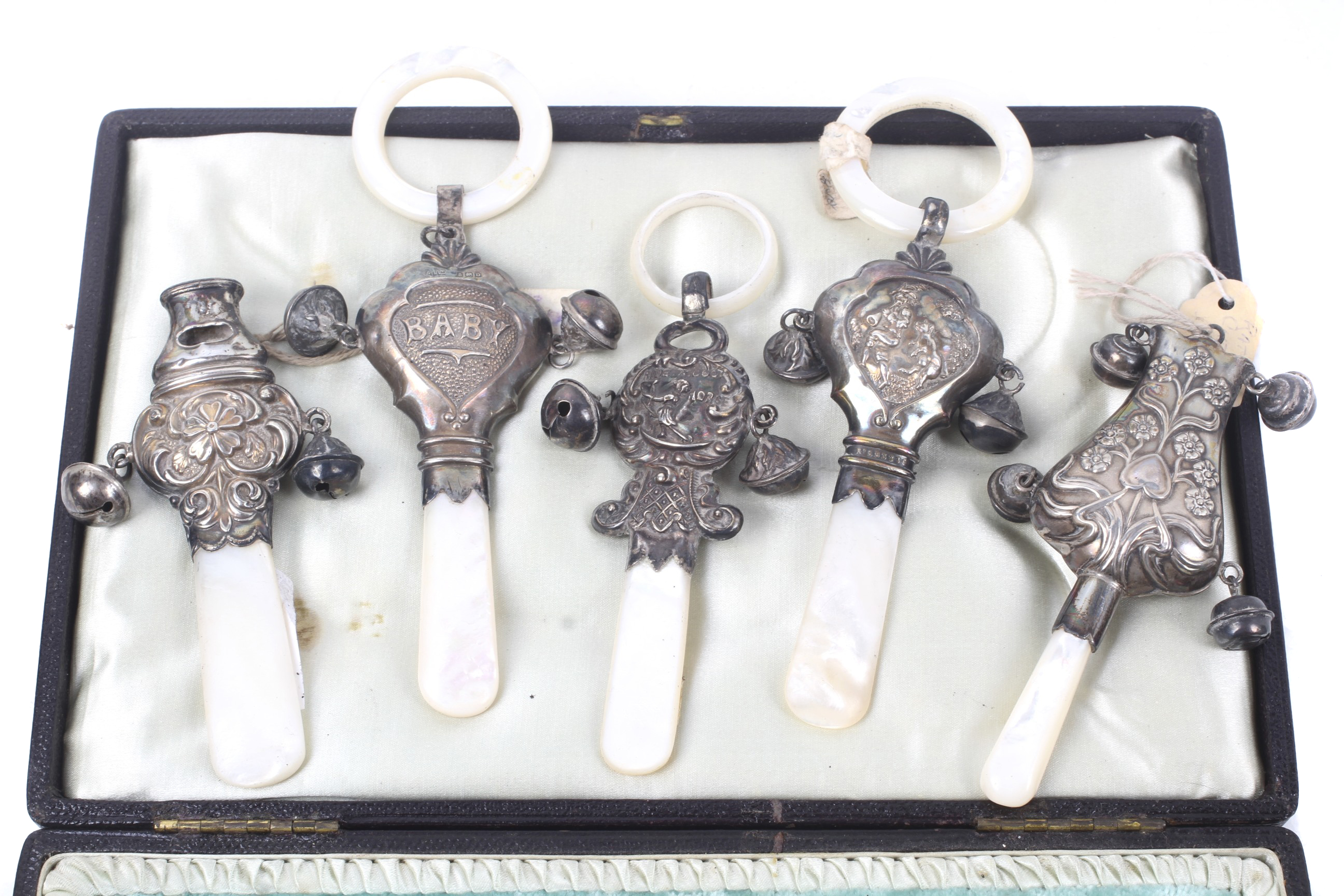 Five various early 20th century baby's silver and mother of pearl rattles/teethers and other items. - Image 2 of 4