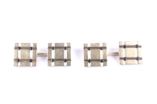 A pair of vintage gold and small sapphire square twin-panel cufflinks.