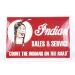 A vintage enamel advertising sign for Indian motorcycles.